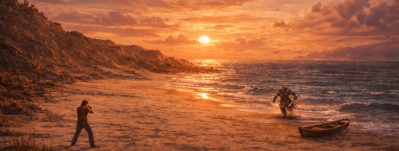 Een man in vechthouding op een strand bij zonsondergang, terwijl een krijger met twee zwaarden uit de zee op hem afstormt