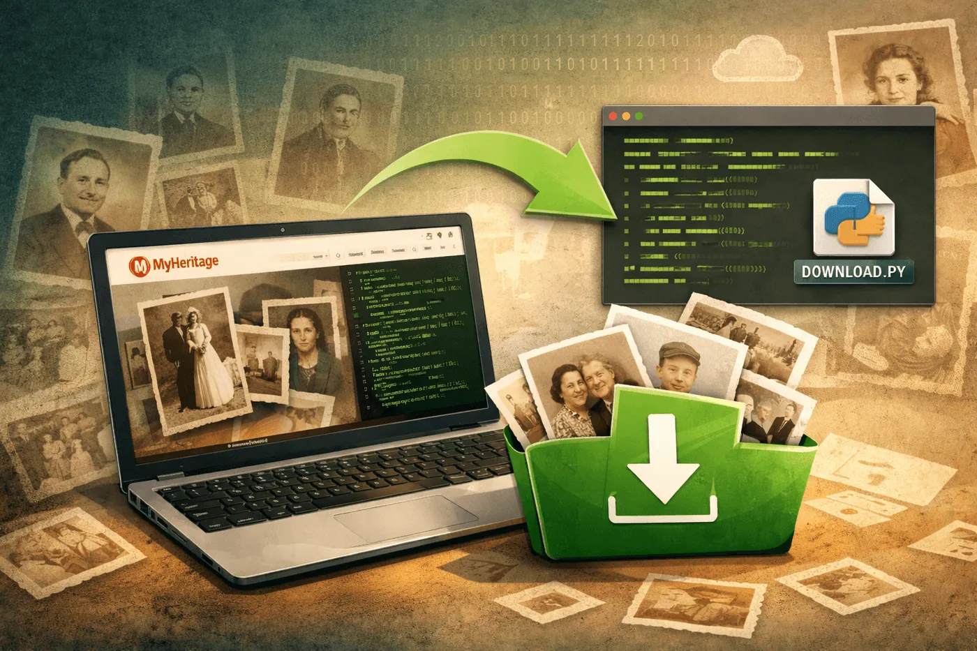 Laptop met MyHeritage, een pijl naar een Python-script en een map vol oude familiefoto’s