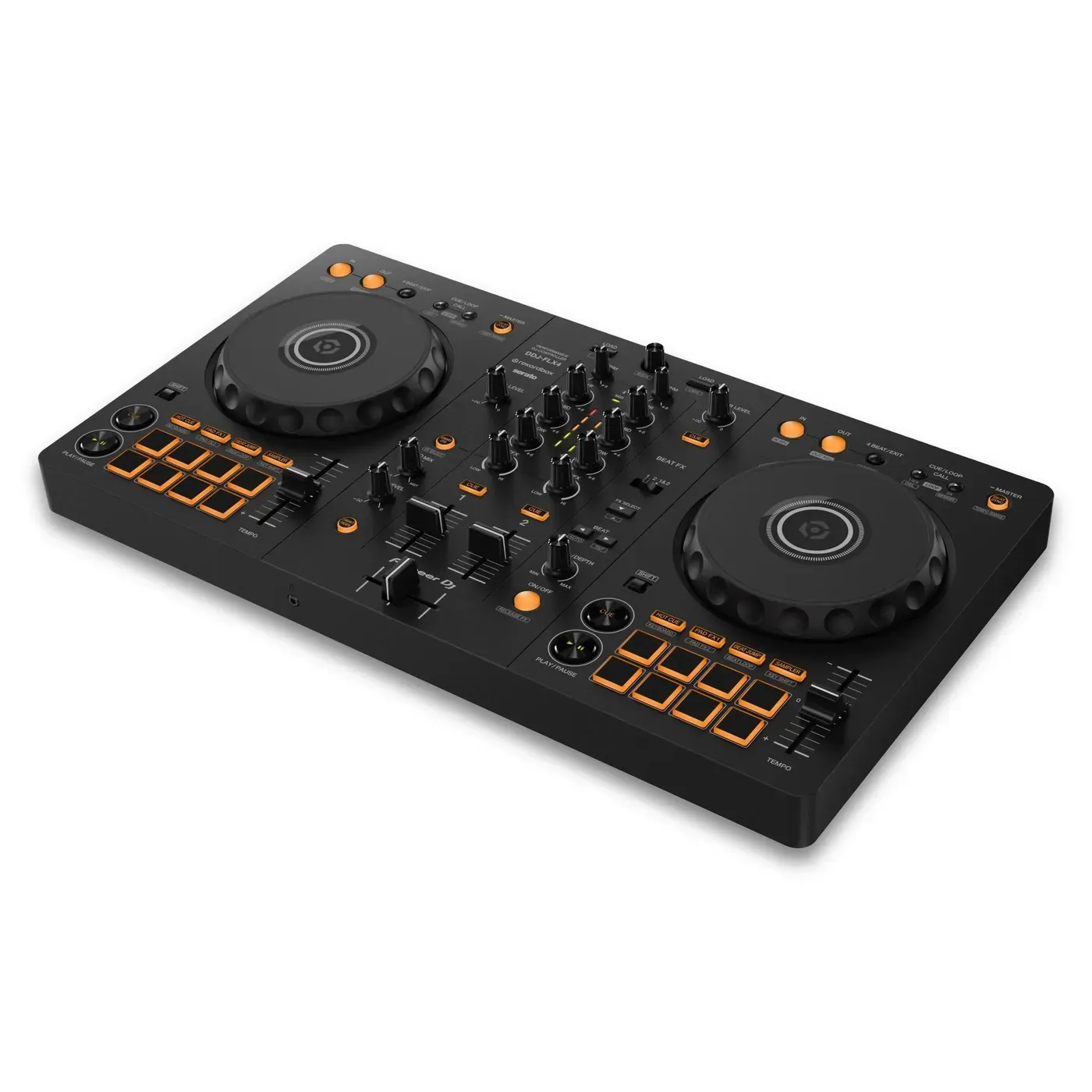 Een Pioneer DDJ-FLX4, een zwarte DJ-controller met twee jogwheels en oranje pads