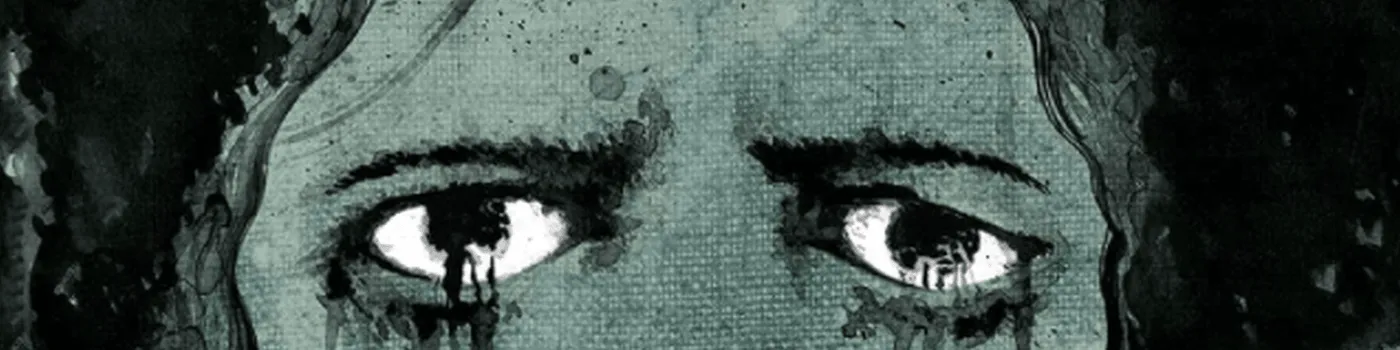 Ink drawing of a woman’s eyes, with dark streaks running down like tears